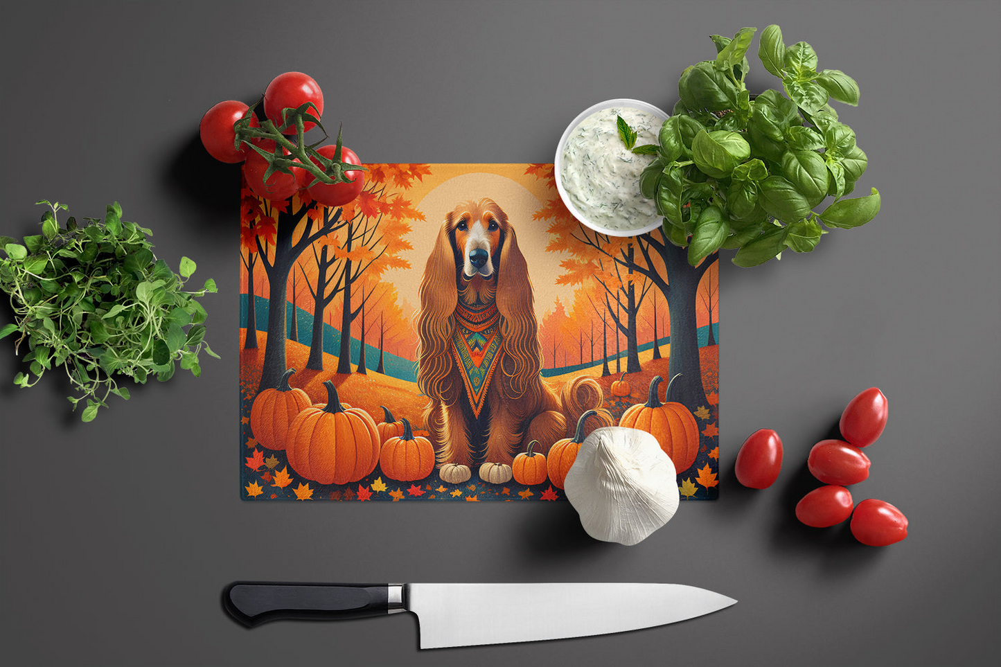 Afghan Hound Fall Glass Cutting Board