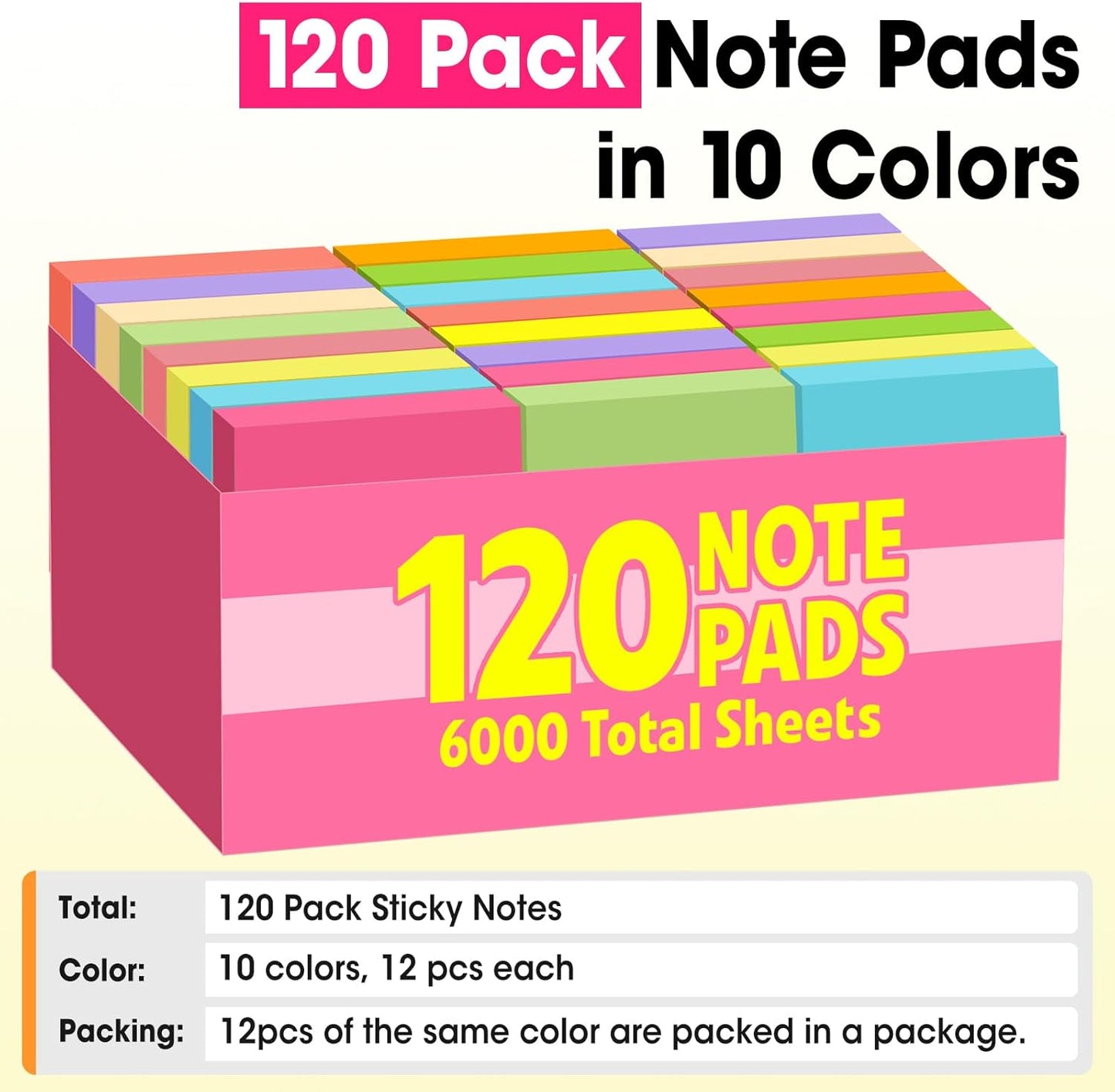 120 Pads Sticky Notes 3X3, Self-Stick Pads Bulk Bright Colors, School Supplies, Office Products, 50 Sheet/Pad