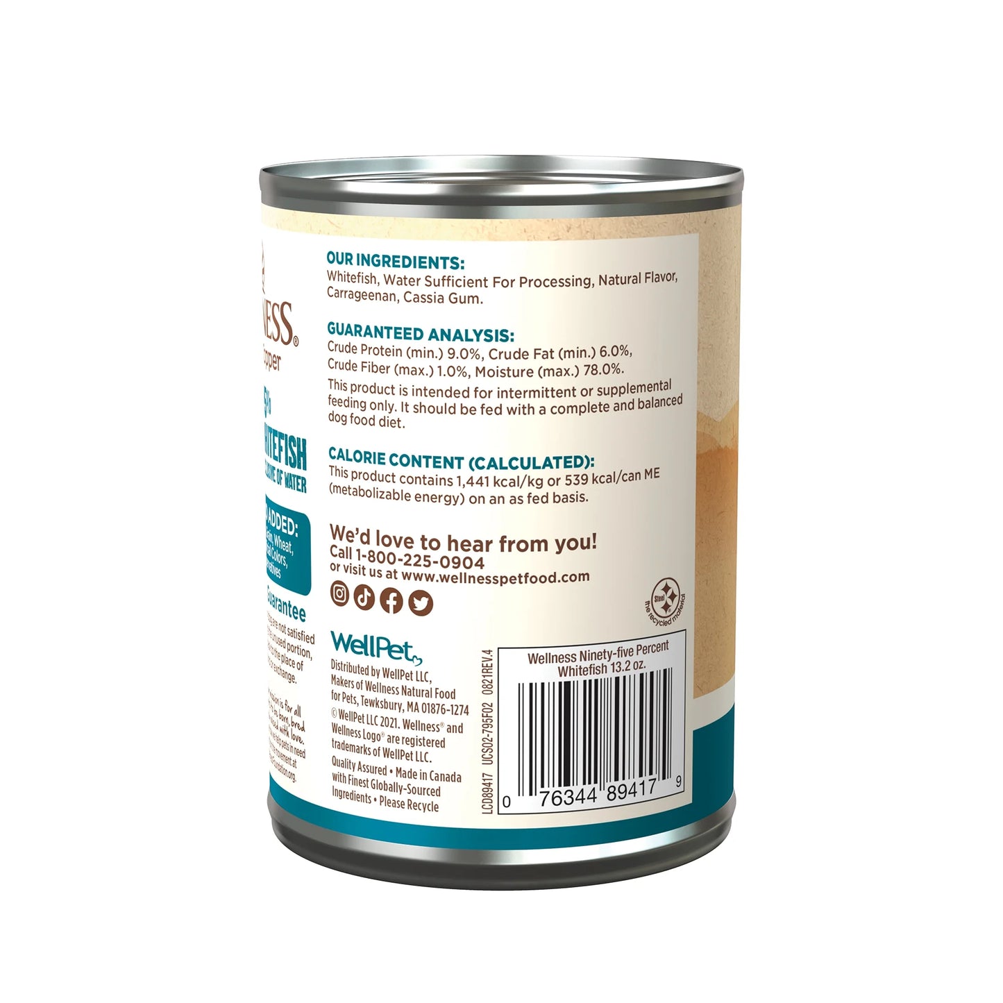 Wellness 95% Whitefish Natural Wet Grain Free Canned Dog Food, 13.2-Ounce Can (Pack of 12)