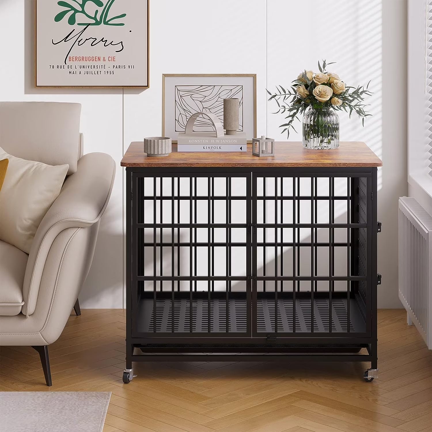 Winkalon 42 Inch Large Dog Crate Rustic Style Furniture Dog Cage Crate with 3 Doors and 4 Wheels Heavy-Duty Kennel,Brown