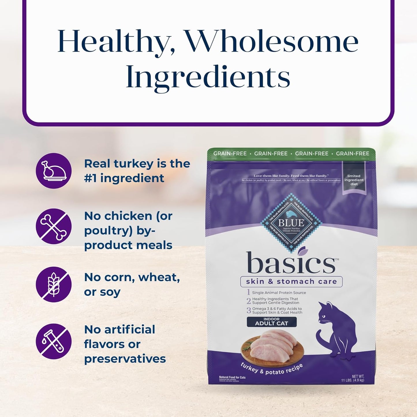 Nourish Your Cat with Blue Buffalo Basics Grain-Free Dry Cat Food - Skin & Stomach Care, Turkey & Potato Recipe, 11-Lb. Bag