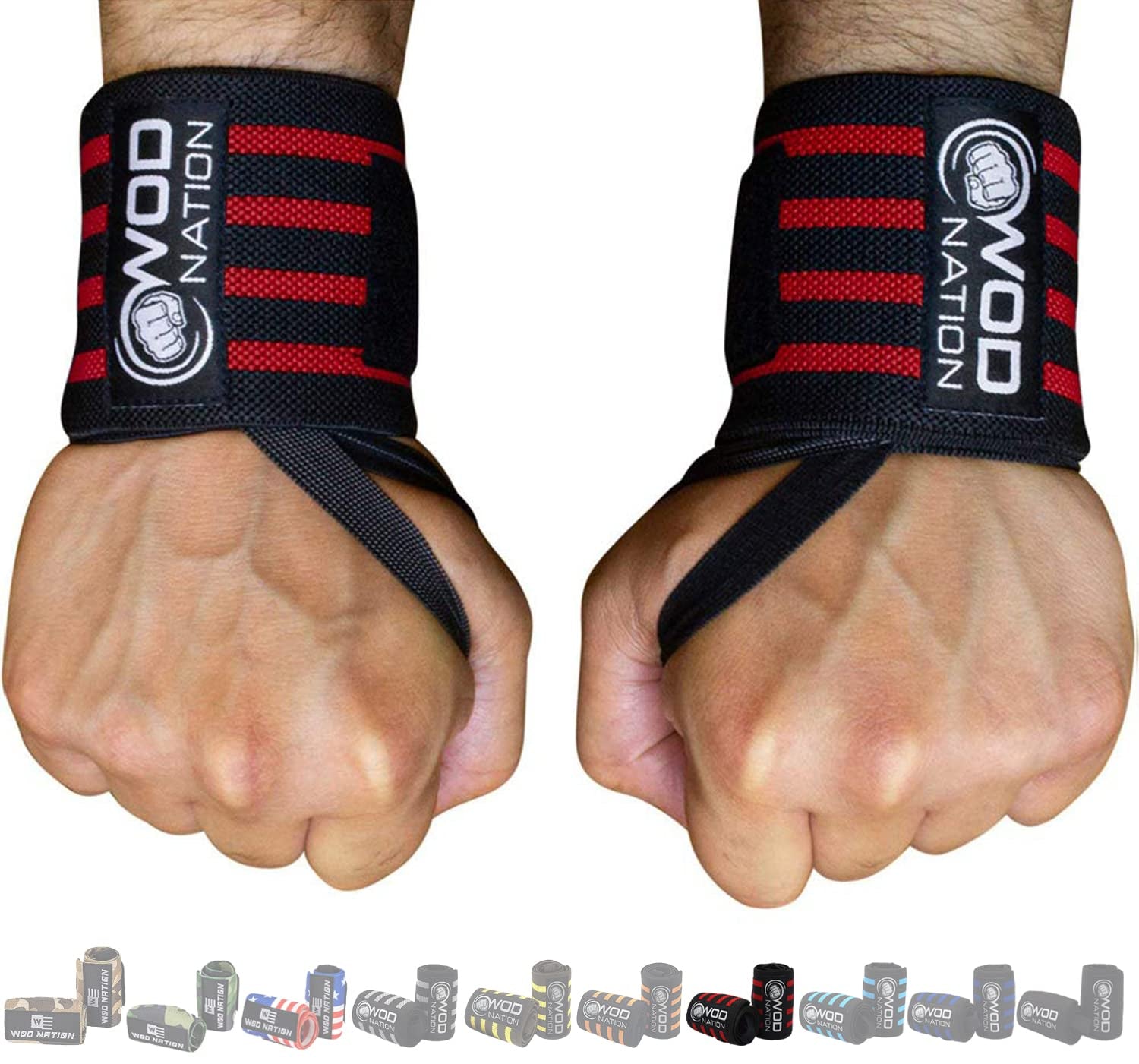 WOD Nation Wrist Wraps & Straps for Gym & Weightlifting (18 Inch) - Essential Weight Lifting Wrist Wraps & Gym Wrist Straps Support for Optimal Powerlifting Performance for Women & Men - Black/Red