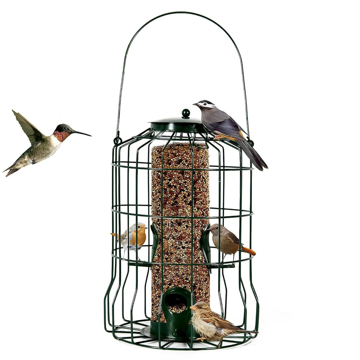1Pc Outdoor Wild Bird Feeder Squirrel-Proof Chew-Proof Metal Hanging Seed Feeder with 4 Feeding Port for Small Songbirds