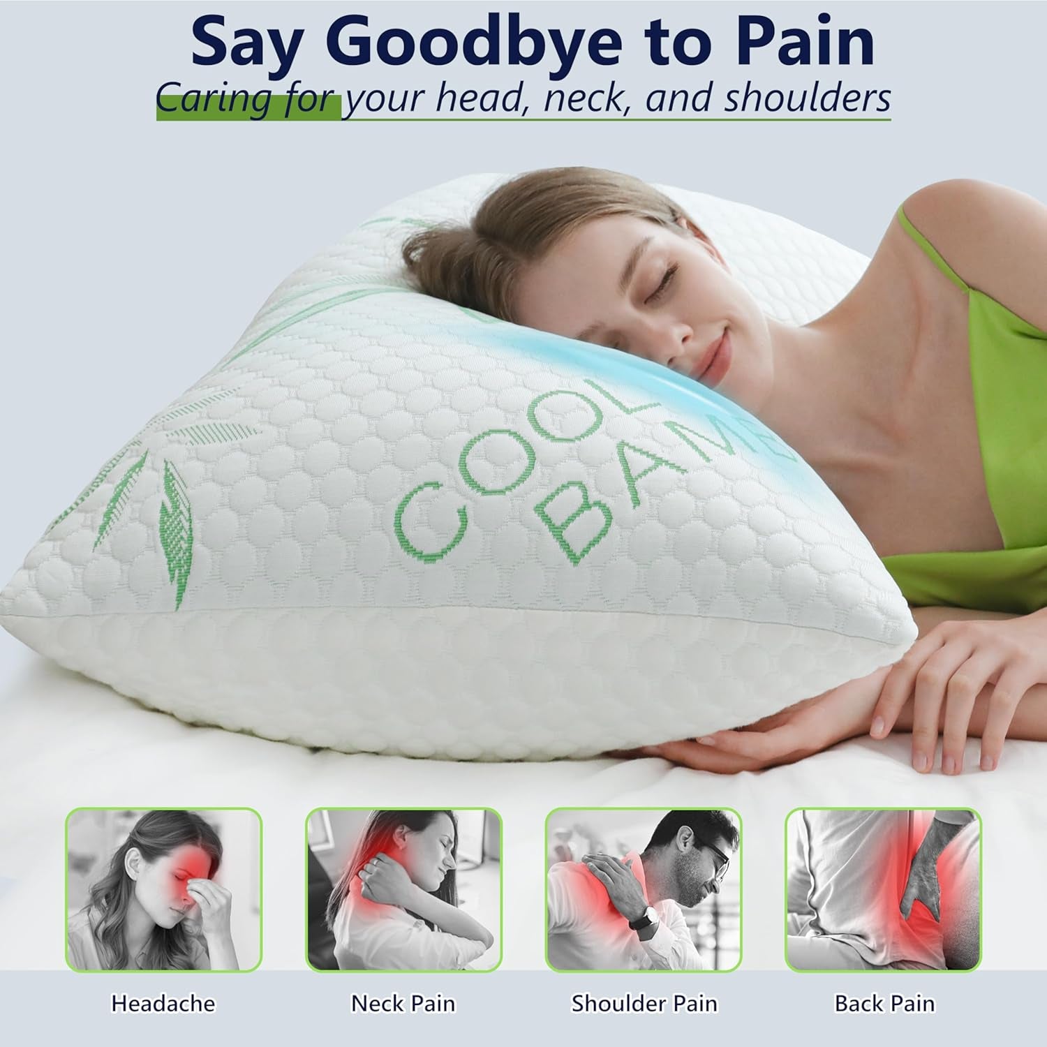 Memory Foam Pillows, Cooling Pillows Queen Size Set of 2 Adjustable Firm Bamboo Bed Pillows for Hot, Side, Back and Stomach Sleepers