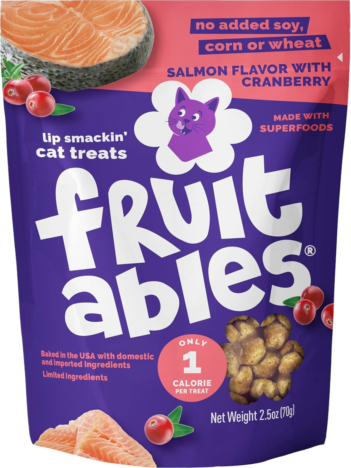 Fruitables Cat Treats, Healthy Treats for Cats, Low Calorie and Packed with Protein, Crunchy Biscuits, No Wheat, Corn or Soy, Made with Real Salmon and Cranberry, 2.5Oz