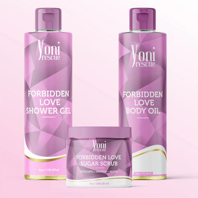 Forbidden Love Body & Bath Care Set- Shower Gel(4Oz), Body Essential Oil(4Oz) 100% All Natural with Sugar Scrubs(8Oz) by Yoni Rescue Scent Apple