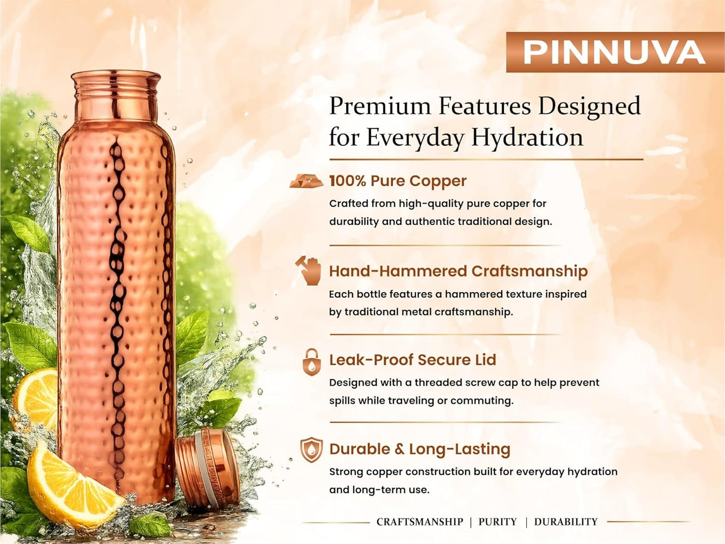 Copper Water Bottle 32Oz - Extra Large 100% Pure Ayurvedic Copper Water Bottle for Drinking, Wide Mouth, Leak-Proof Lid BPA Free Non-Insulated & Eco Friendly with Premium Quality