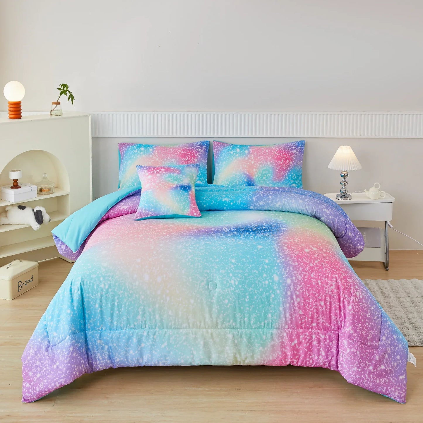 PERFEMET Kids Queen Comforter Set Girls,6-Piece Colorful Rainbow Bedding Set,All-Season Galaxy Star Bed Set with Sheets for Queen Beds