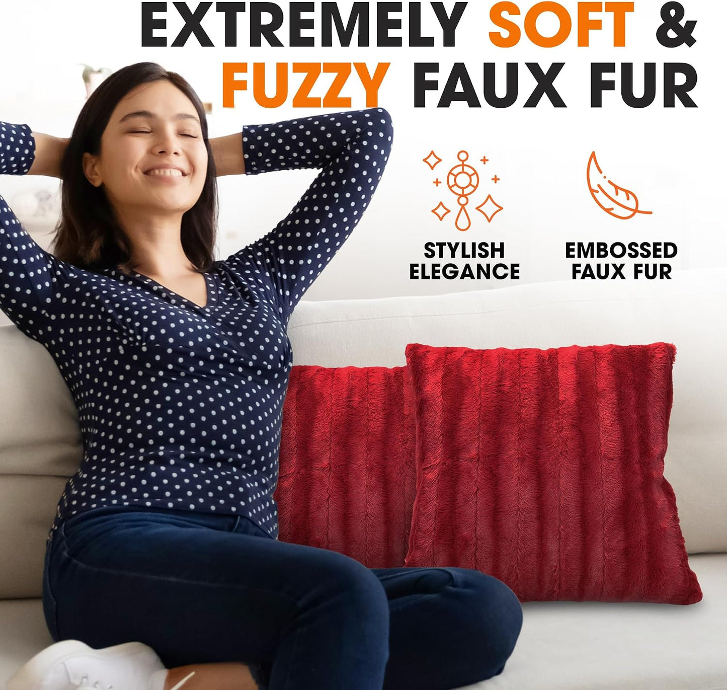 Cheer Collection Faux Fur Throw Pillows - Decorative Pillows for Couch, Bed Throw Pillows, Maroon Accent Pillows for Bedroom or Living Room Aesthetic, Set of 2 Furry Throw Pillows, 24" X 24"