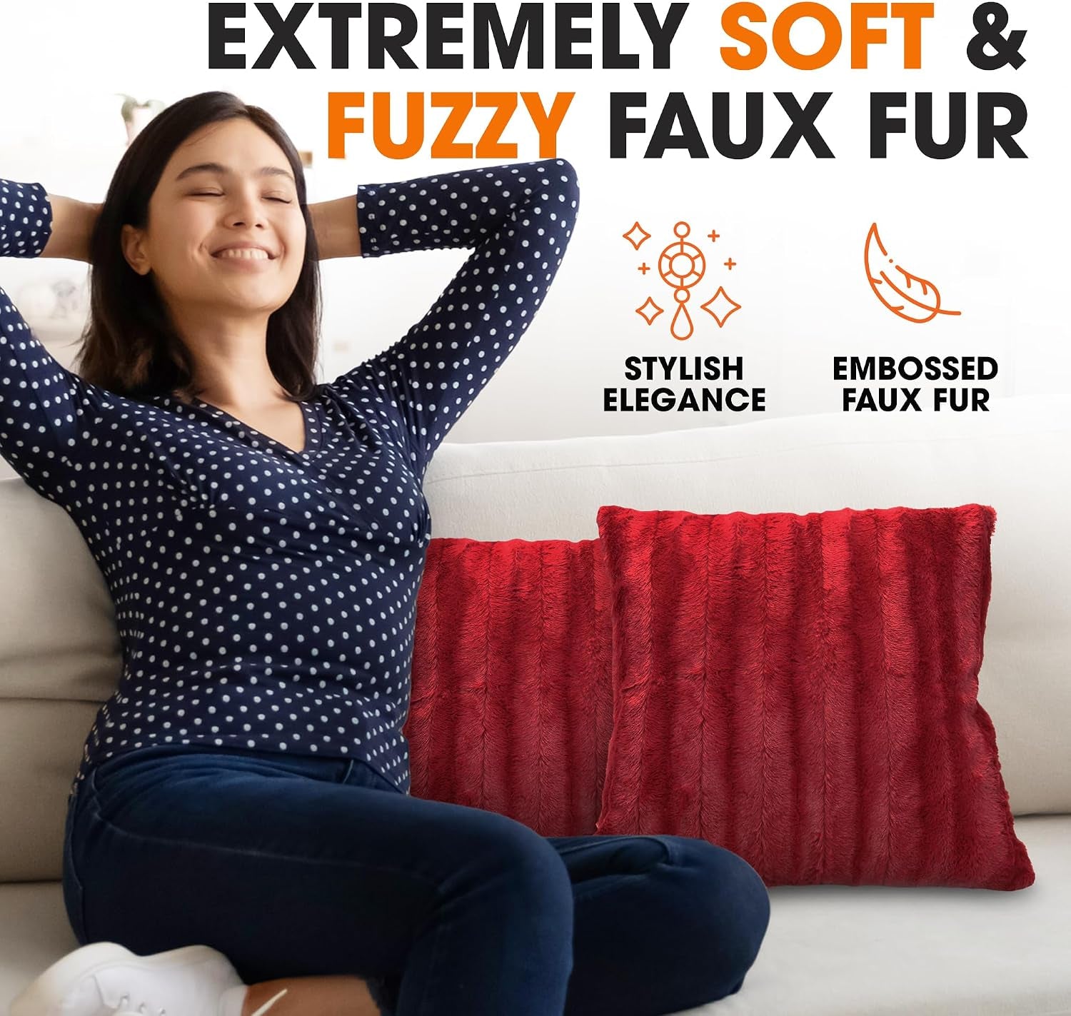 Cheer Collection Faux Fur Throw Pillows - Decorative Pillows for Couch, Bed Throw Pillows, Maroon Accent Pillows for Bedroom or Living Room Aesthetic, Set of 2 Furry Throw Pillows, 24" X 24"