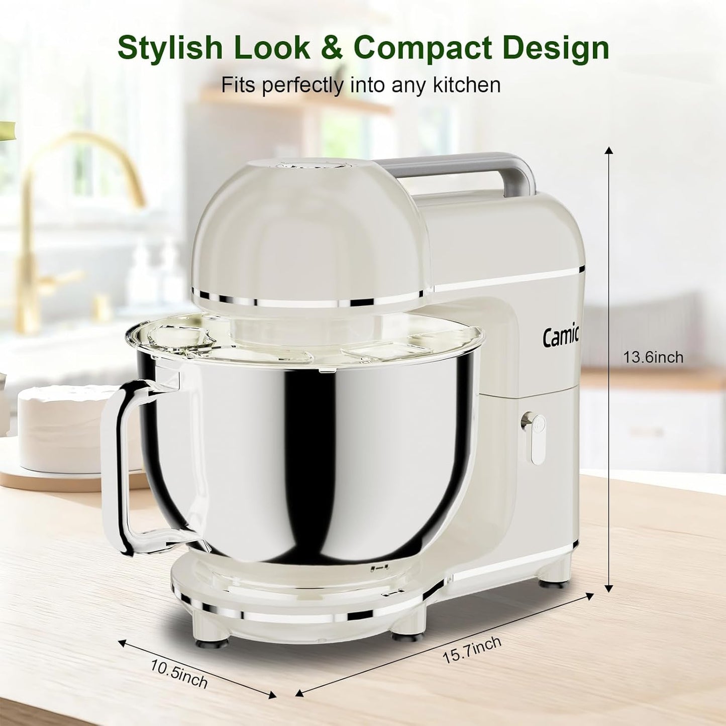Camic Electric Stand Mixer,7.45 QT,10 Speeds with Dough Hook,Whisk, Flat Beater Attachments, Splash Guard, Easy-Carry Top Handle,3-In-1 Kitchen Mixer for Baking Cakes Cookie Bread Salad (White)