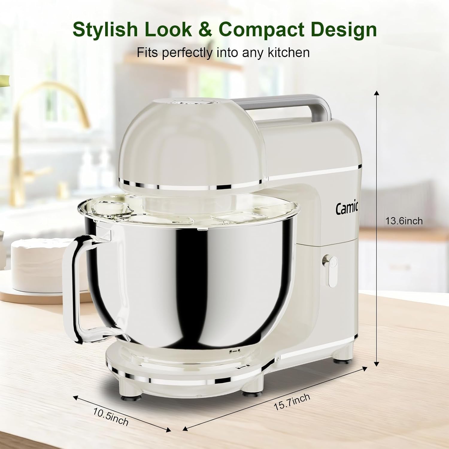 Camic Electric Stand Mixer,7.45 QT,10 Speeds with Dough Hook,Whisk, Flat Beater Attachments, Splash Guard, Easy-Carry Top Handle,3-In-1 Kitchen Mixer for Baking Cakes Cookie Bread Salad (White)