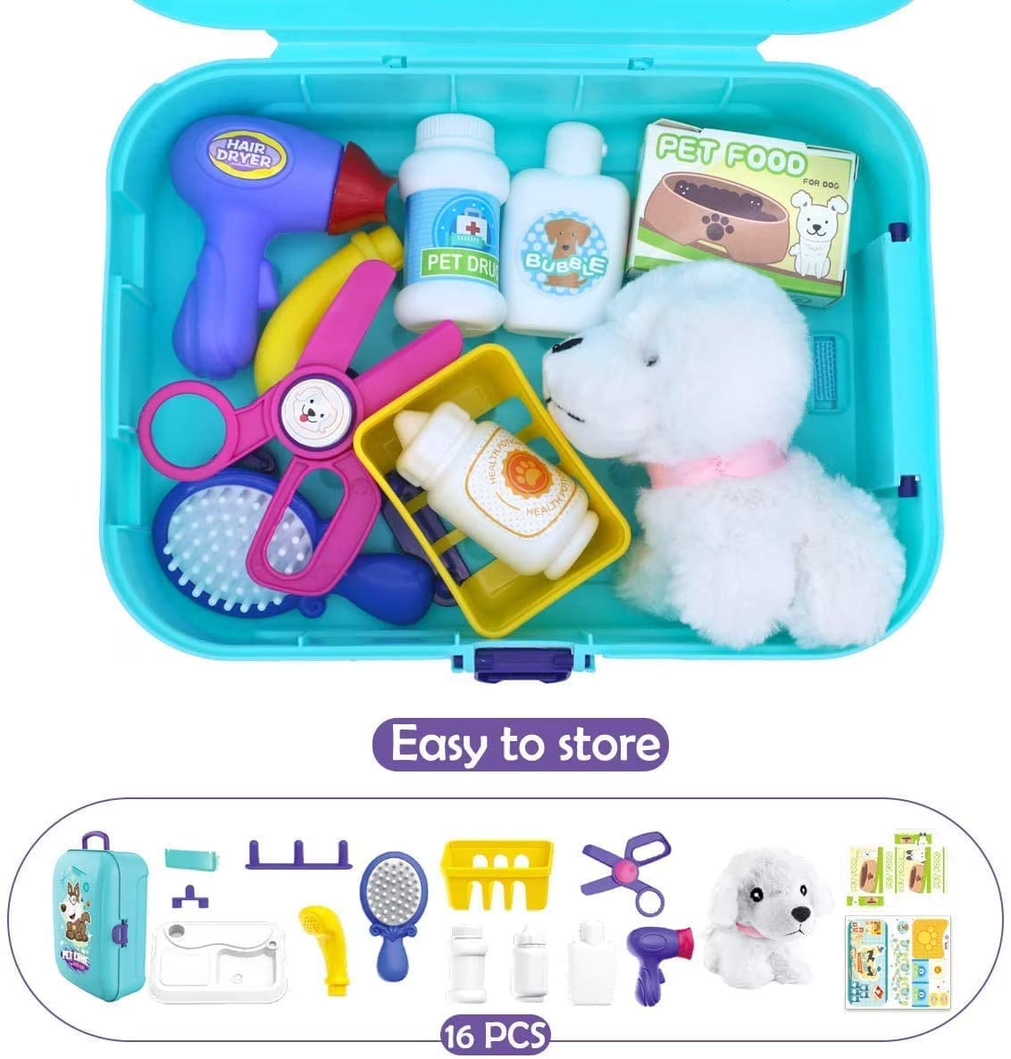 GLUAAE Toys for Kids Dog Grooming Doctor Kit Toys, Pet Care Play Set Pretend Puppy Dog Carrier, Pet Grooming Toy with Sturdy Gift Case for Toddler Boys and Girls