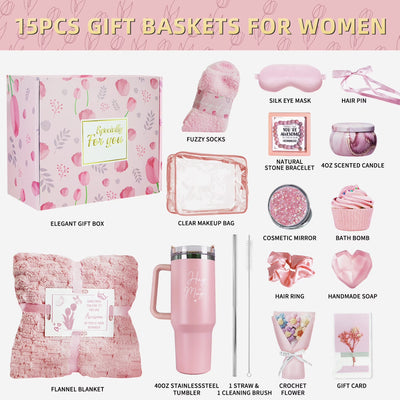 15Pcs Birthday Gifts for Women, Relaxing Spa Basket with Luxury Flannel Blanket and 40 Oz Tumbler - Care Package for Her, Mom, Wife, Friends - Valentine'S, Mother'S Day