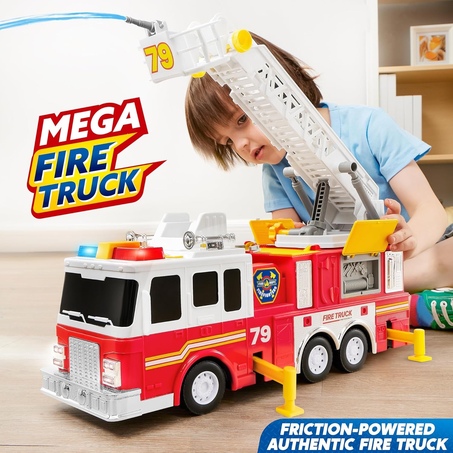 JOYIN Extra Large 33-Inch Ladder Fire Truck Toy and 25 in 1 Construction Truck Vehicle Toy Set, Play Vehicles Set with Sounds and Lights in Carrier Truck, Push and Go Vehicle Car Toy