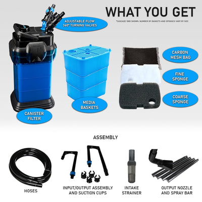 Penn-Plax Cascade 1200 Canister Filter - 315 GPH Aquarium Filter for Tanks up to 150 Gallons - 360 Degree Flow Valves, Poly Fiber Pads, Bio-Sponge & Activated Carbon -Fresh & Saltwater -11.5X11X20.5In