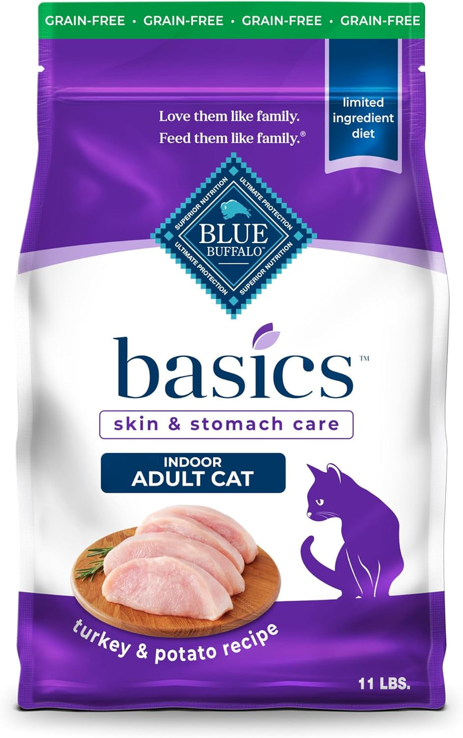Nourish Your Cat with Blue Buffalo Basics Grain-Free Dry Cat Food - Skin & Stomach Care, Turkey & Potato Recipe, 11-Lb. Bag