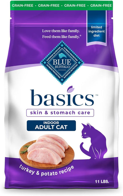 Nourish Your Cat with Blue Buffalo Basics Grain-Free Dry Cat Food - Skin & Stomach Care, Turkey & Potato Recipe, 11-Lb. Bag