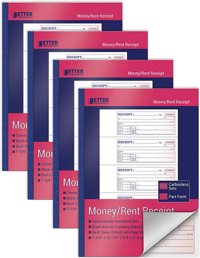Better Office Products Cash Money and Rent Receipt Books, 4 Pack, Large Size, 2-Part Carbonless (White/Canary Yellow), 7-5/8 X 10-7/8 Inches, 4 Sets per Page, 200 Sets per Book (800 Total Sets)