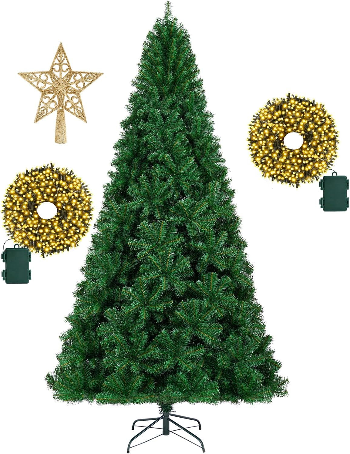 KTKDE 7.5Ft Artificial Christmas Tree Is a Green One with 1450 Tips and 200 Battery-Powered LED Columns. It Features 7.87-Inch Golden Five Pointed Star and Is Perfect for Family and Office Gatherings