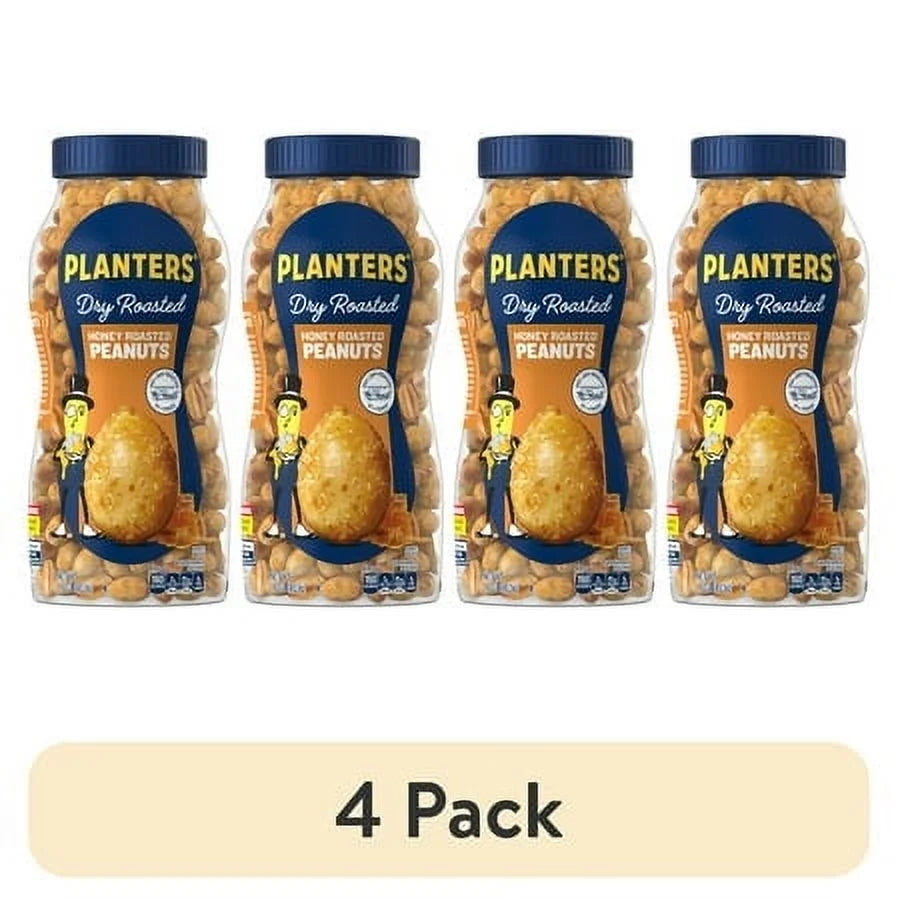 (4 Pack) PLANTERS Honey Roasted Peanuts, Party Snacks, Plant-Based Protein, 16 Oz Jar