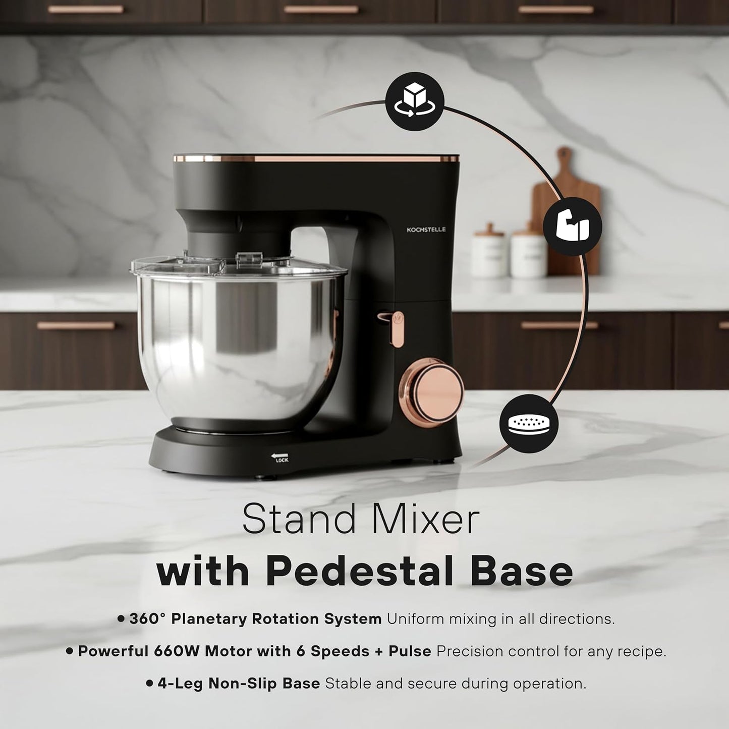 KOCHSTELLE Black Electric Stand Mixer 6.8 Quart Qt, 660W, 6-Speed Adjustable, Stainless Steel Planetary, Portable, Compact & Elegant Kitchen Mixer for Baking & Cooking