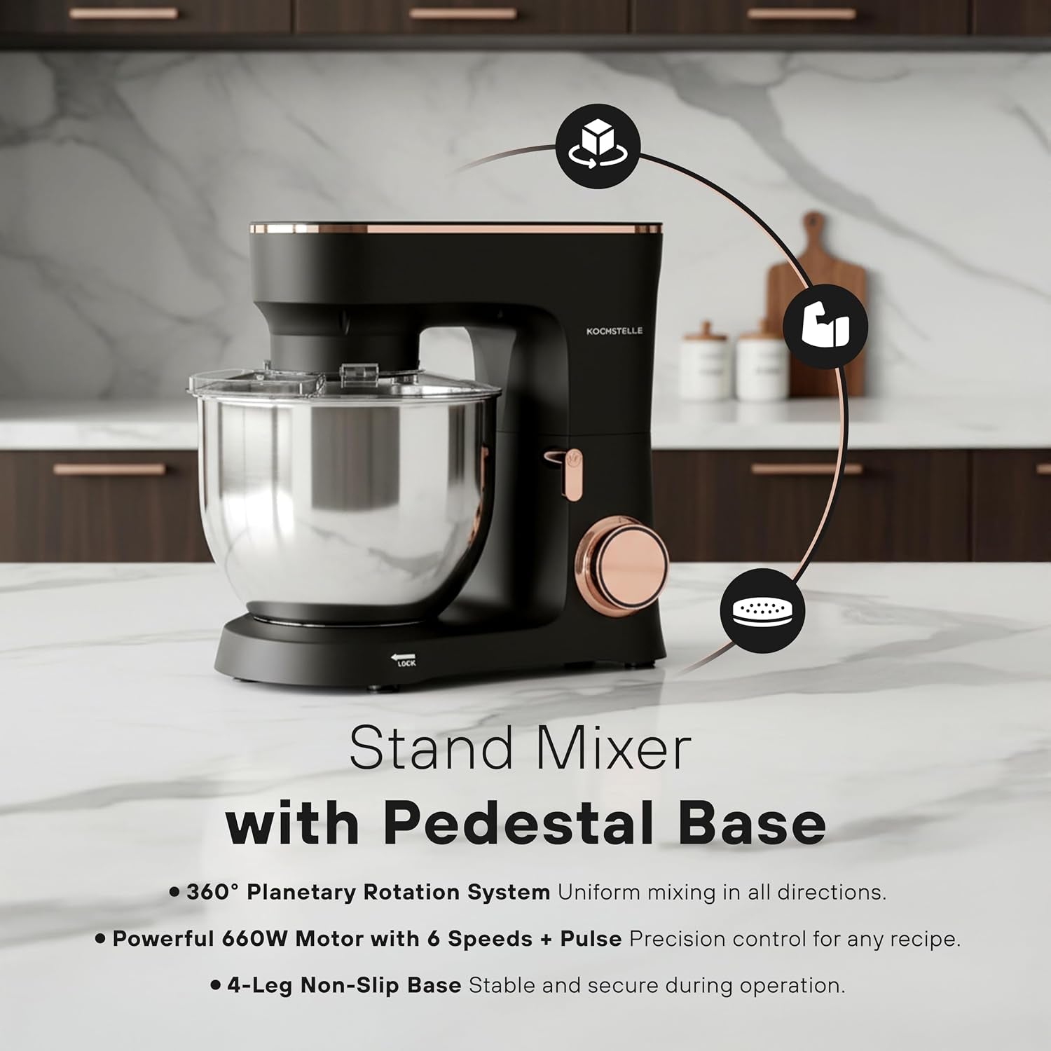 KOCHSTELLE Black Electric Stand Mixer 6.8 Quart Qt, 660W, 6-Speed Adjustable, Stainless Steel Planetary, Portable, Compact & Elegant Kitchen Mixer for Baking & Cooking
