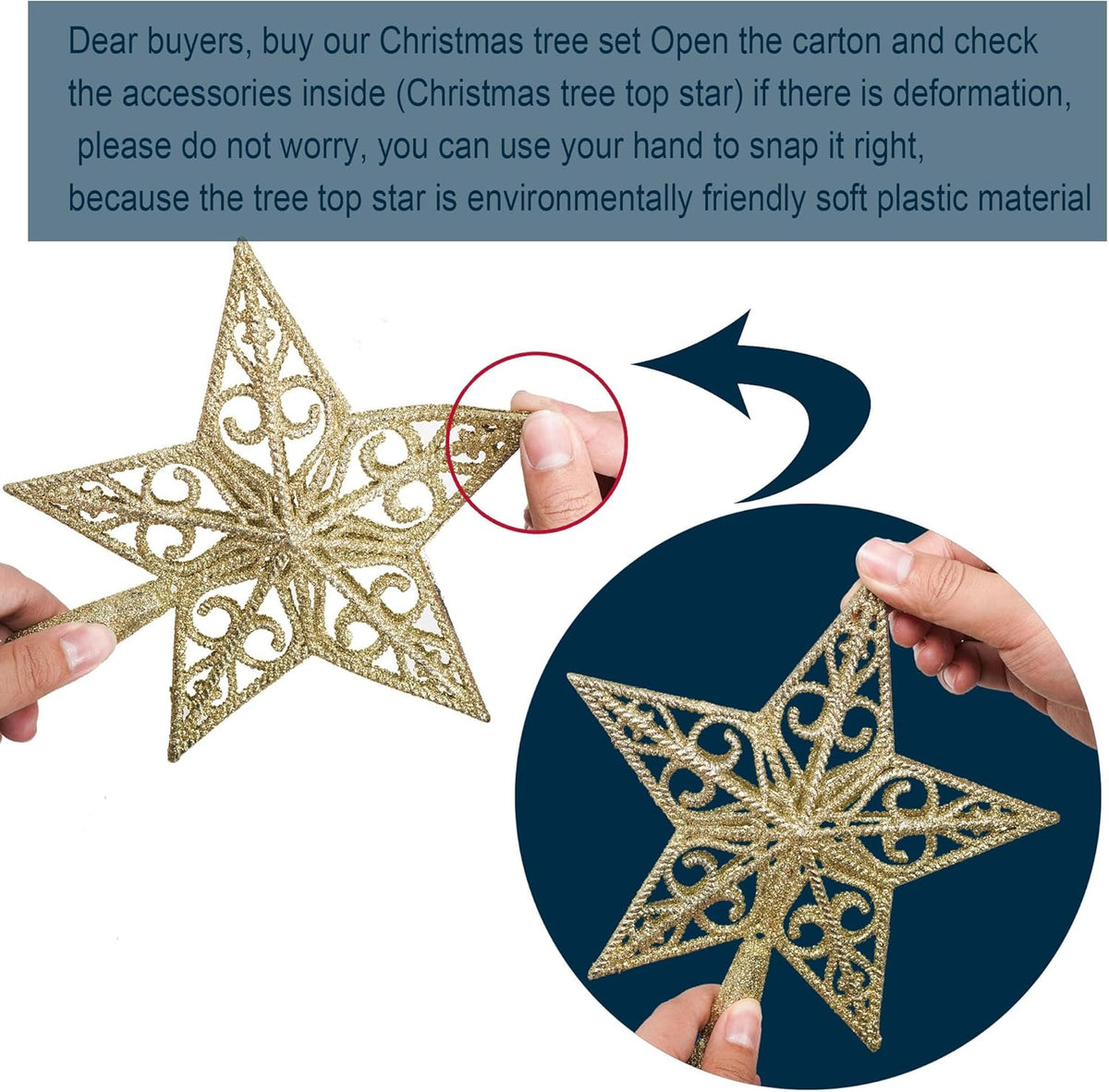 KTKDE 7.5Ft Artificial Christmas Tree Is a Green One with 1450 Tips and 200 Battery-Powered LED Columns. It Features 7.87-Inch Golden Five Pointed Star and Is Perfect for Family and Office Gatherings