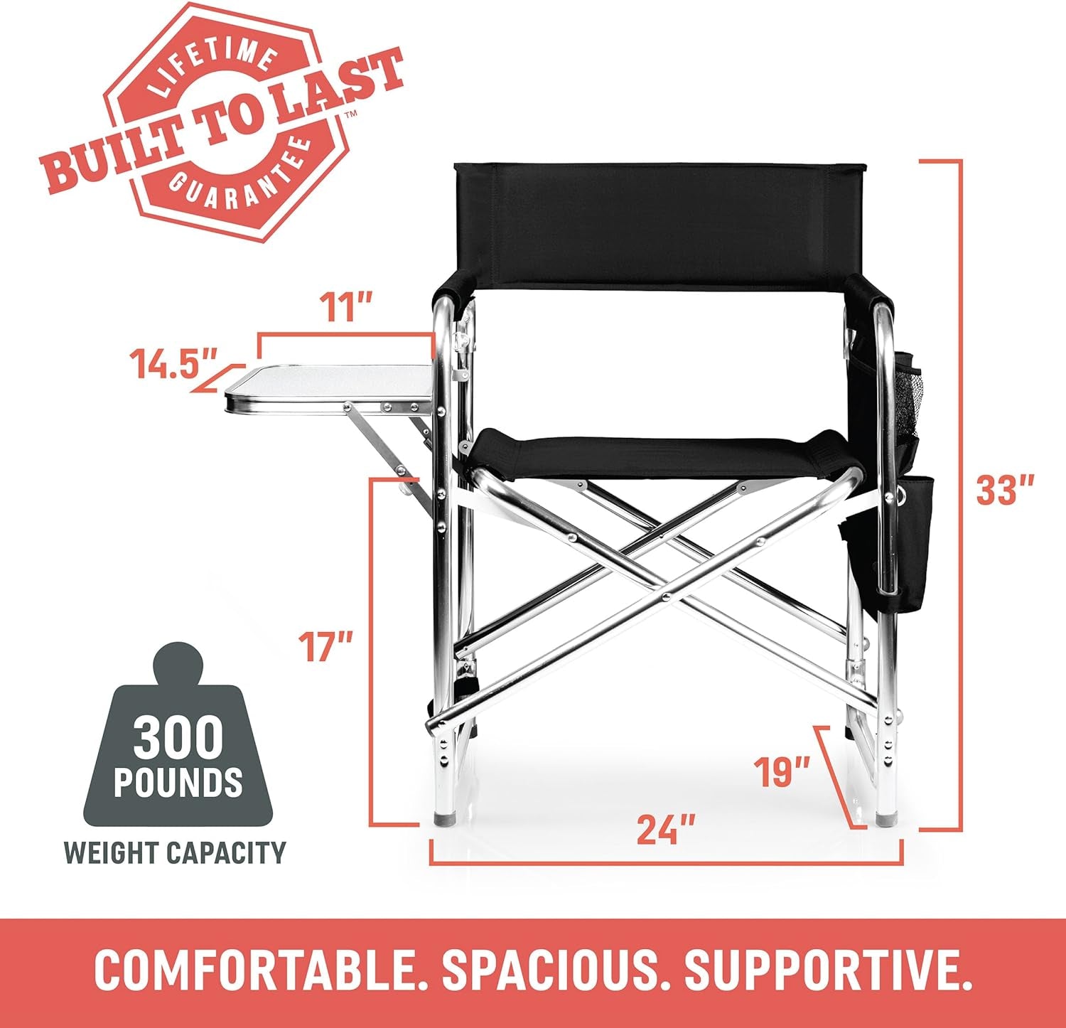 PICNIC TIME Sports Chair with Side Table and Armrest Caddy, Lightweight Aluminum Folding Outdoor Camping Chair for Adults, Portable Director Style Lawn Seating with Pockets & Carry Strap, (Red)