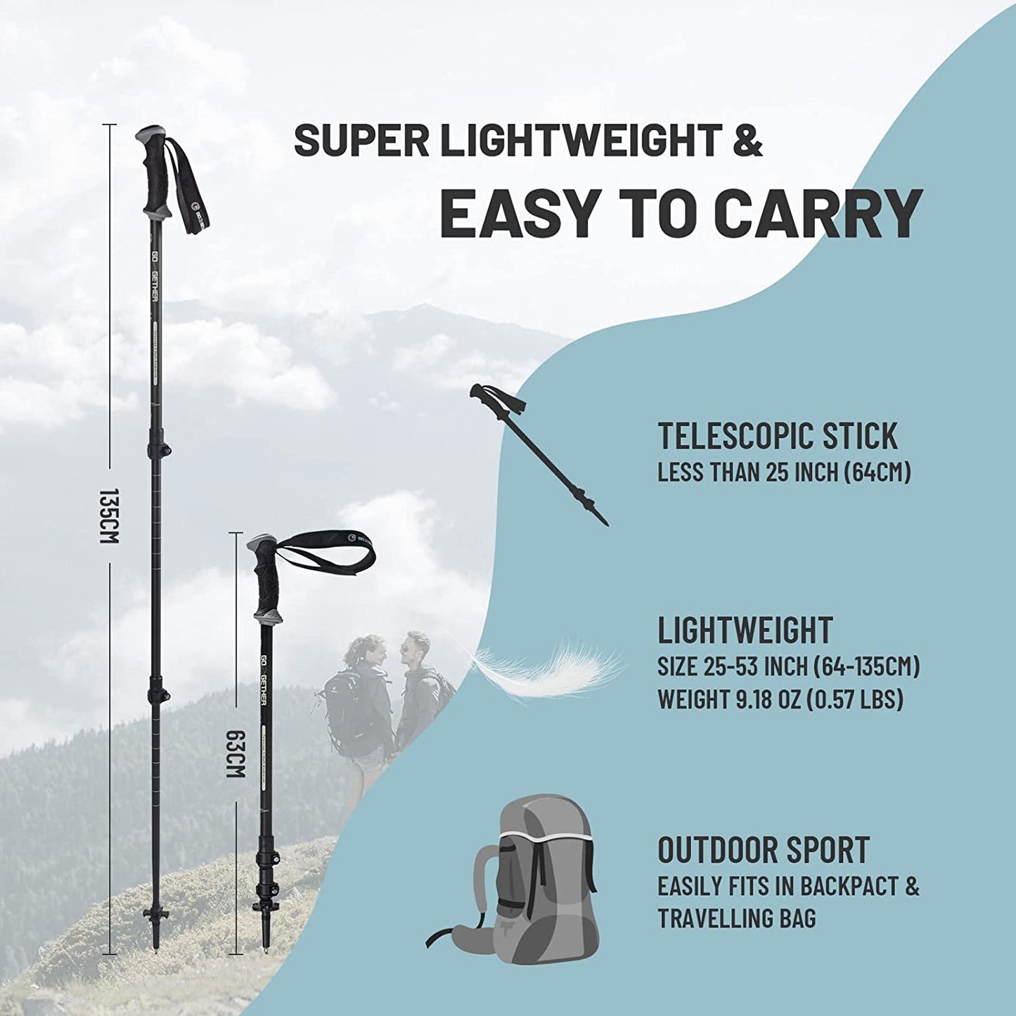 G2 GO2GETHER Aluminum Trekking Poles - Quick Adjustable Locks, Comfort Handle, Padded Strap, Snow Baskets - Walking Sticks Suitable for Hiking, Walking