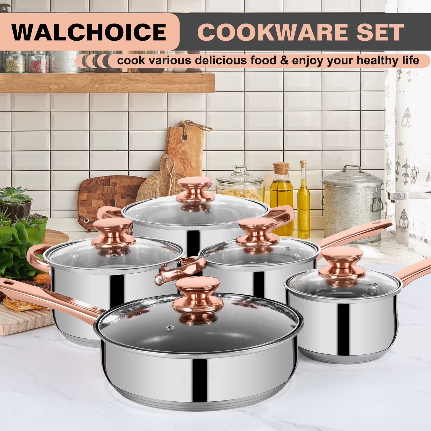 Walchoice 13-Piece Stainless Steel Pots and Pans Set, Kitchen Cookware Set with Glass Lid for Cooking, Induction & Dishwasher Safe, Copper