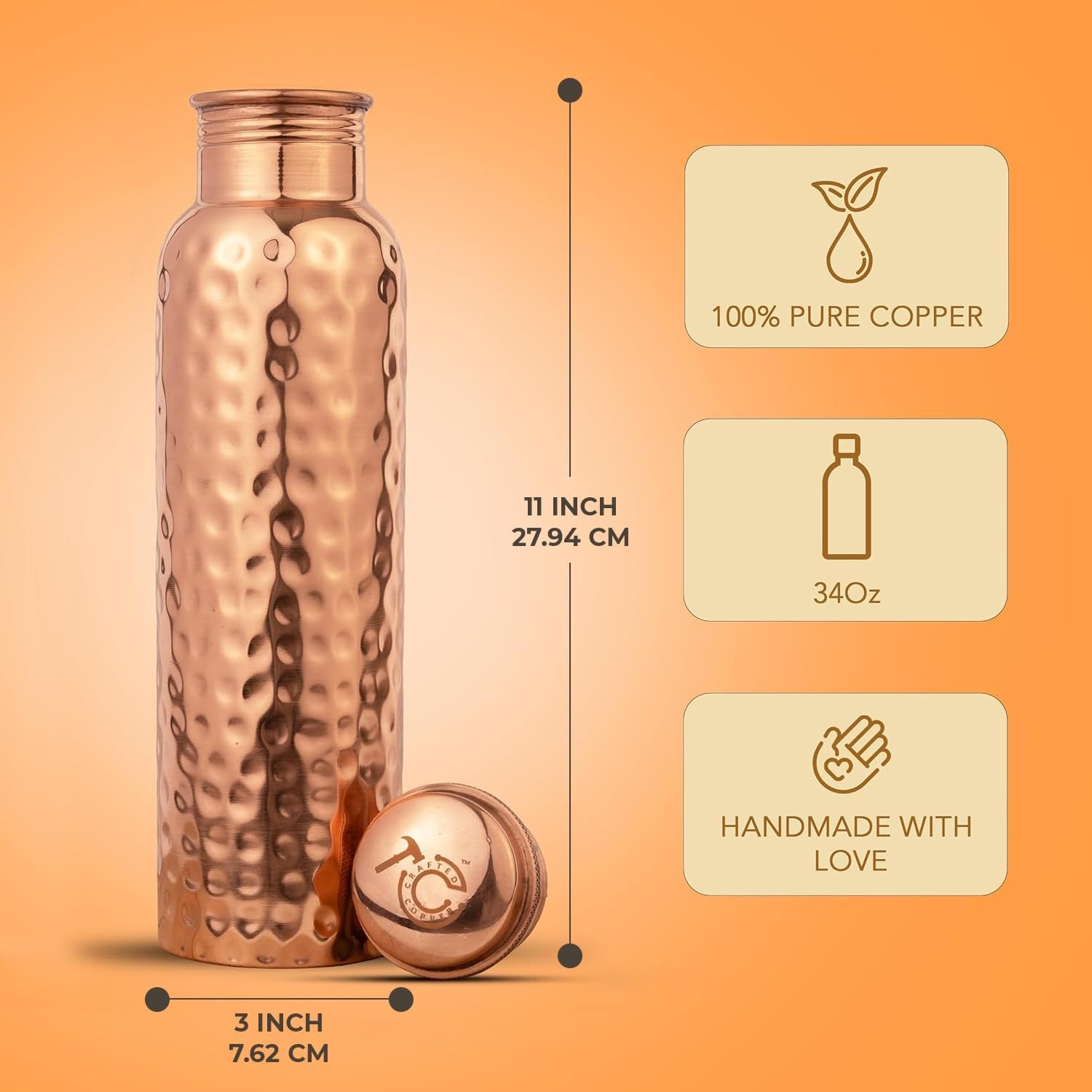 100% Pure Copper Water Bottle for Drinking - 34 Oz Extra Large Hammered Ayurvedic Vessel. Leak-Proof, Heavy Duty Real Copper Flask with Canvas Carry Bag & Dent-Proof round Gift Box