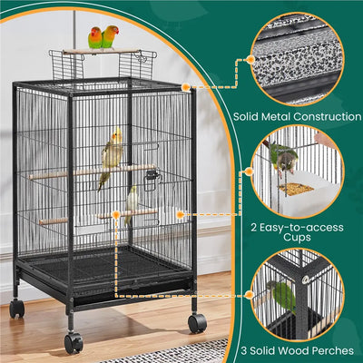Yaheetech 35-Inch Wrought Iron Bird Cage with Rolling Stand Open-Top Parrot Cage for Small-Sized Birds Black