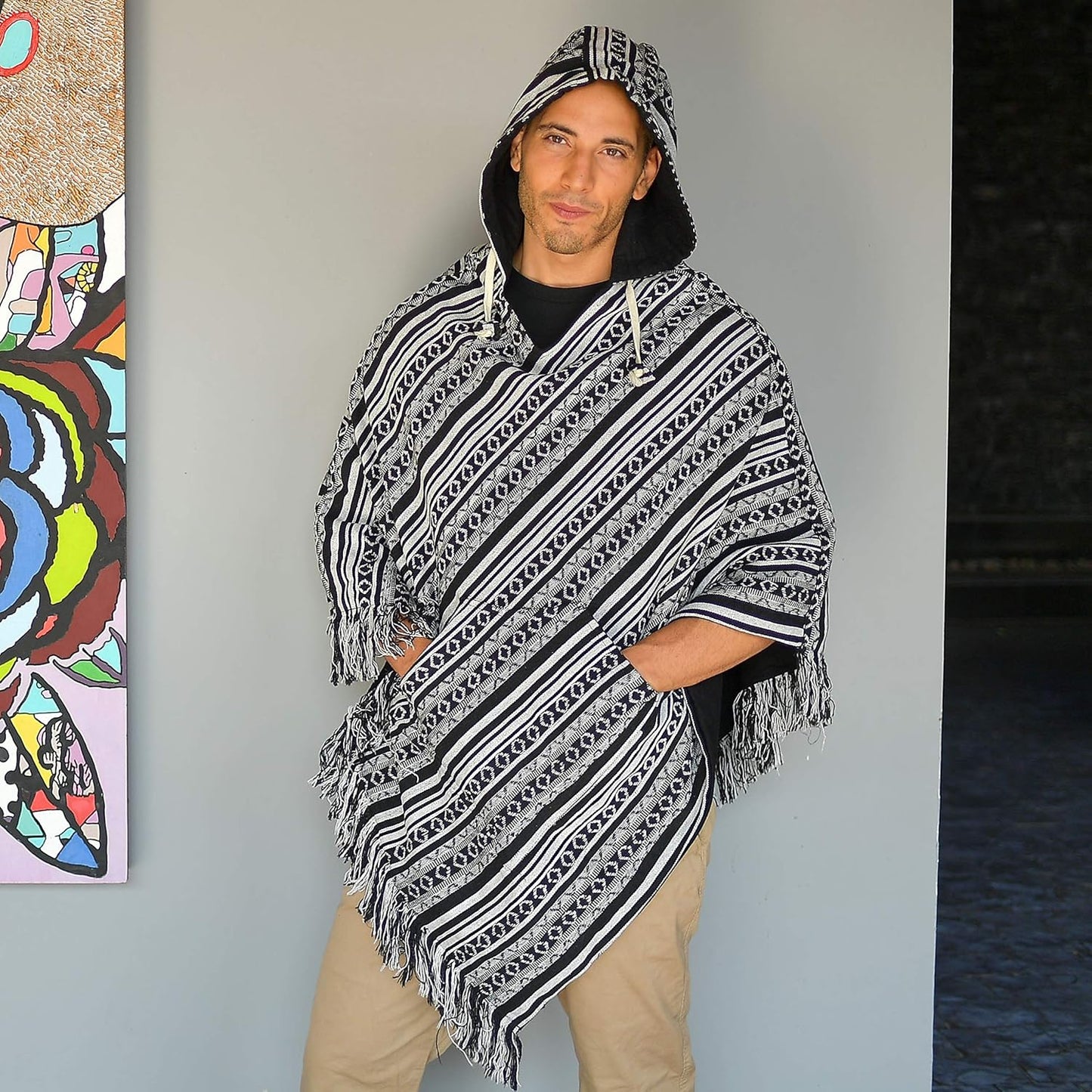 Virblatt - Mens Poncho Hooded | 100% Cotton & Reversible | Mexican Poncho Men Baja Hoodie Winter Pancho Warm Cape Cowboy