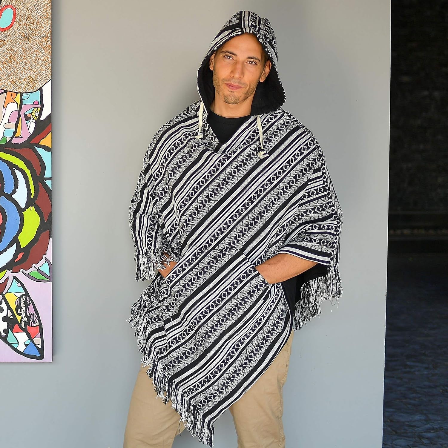 Virblatt - Mens Poncho Hooded | 100% Cotton & Reversible | Mexican Poncho Men Baja Hoodie Winter Pancho Warm Cape Cowboy