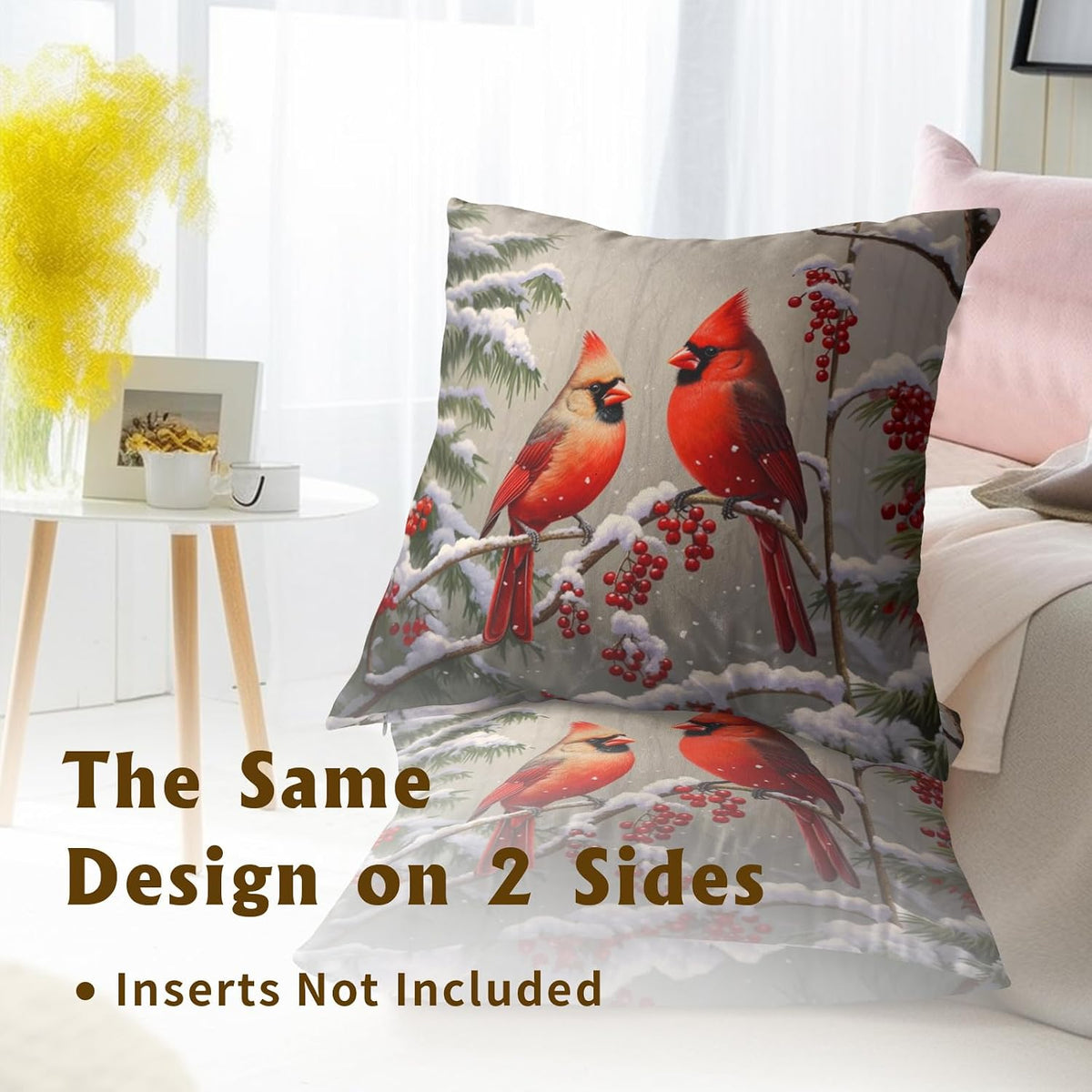 Merry Christma Red Cardinal Bird Throw Pillow Cover 18X18 Inch Pack of 2 Winter Snowflakes Cushion Pillow Case Square Xmas Pine Trees Holiday Pillowcase for Party Bed Sofa Home Car Bedroom Outdoor