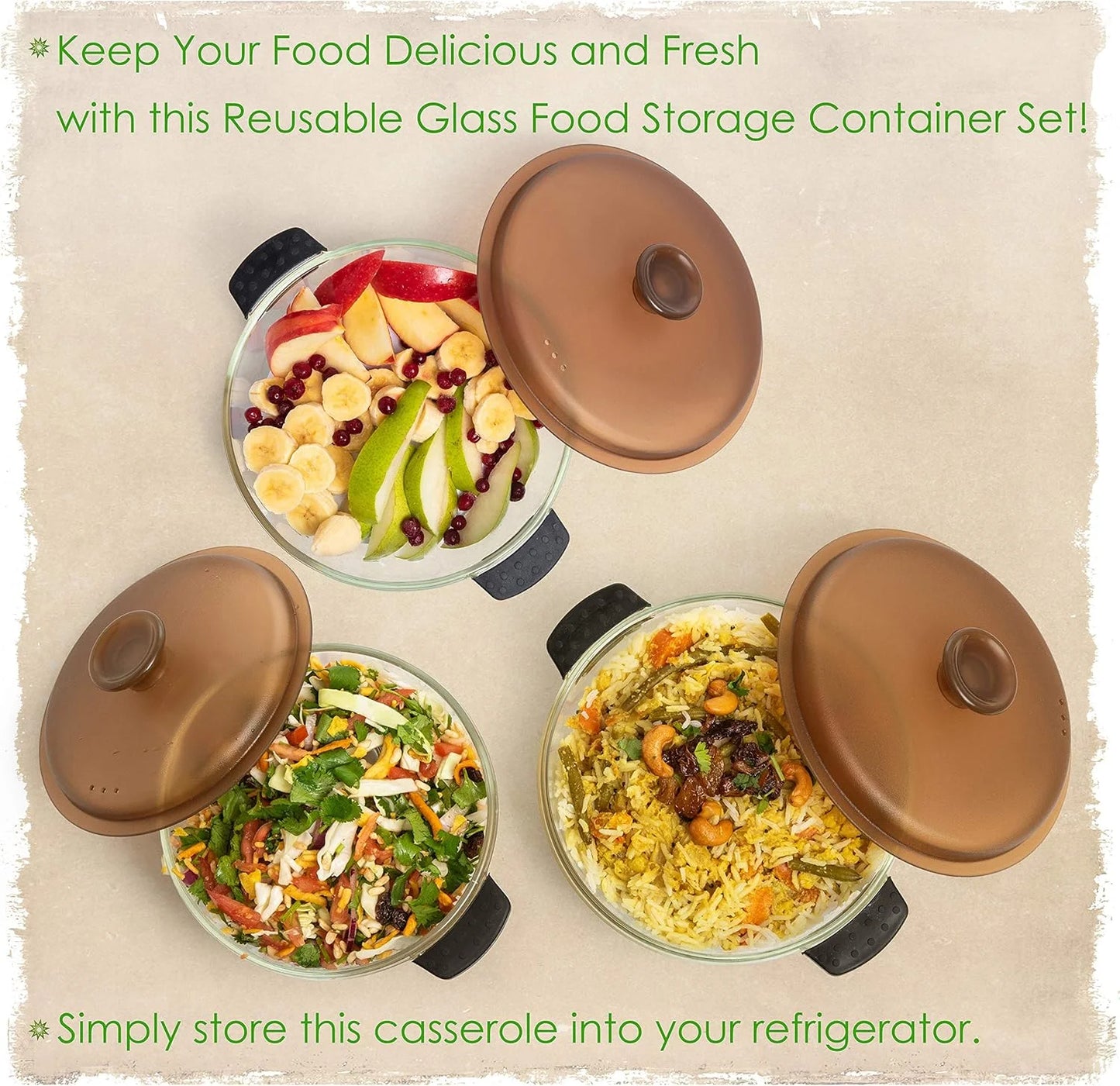 Moss & Stone 3-Piece Kitchen Glass Casserole Dish Set with Lids, Oven & Microwave Safe