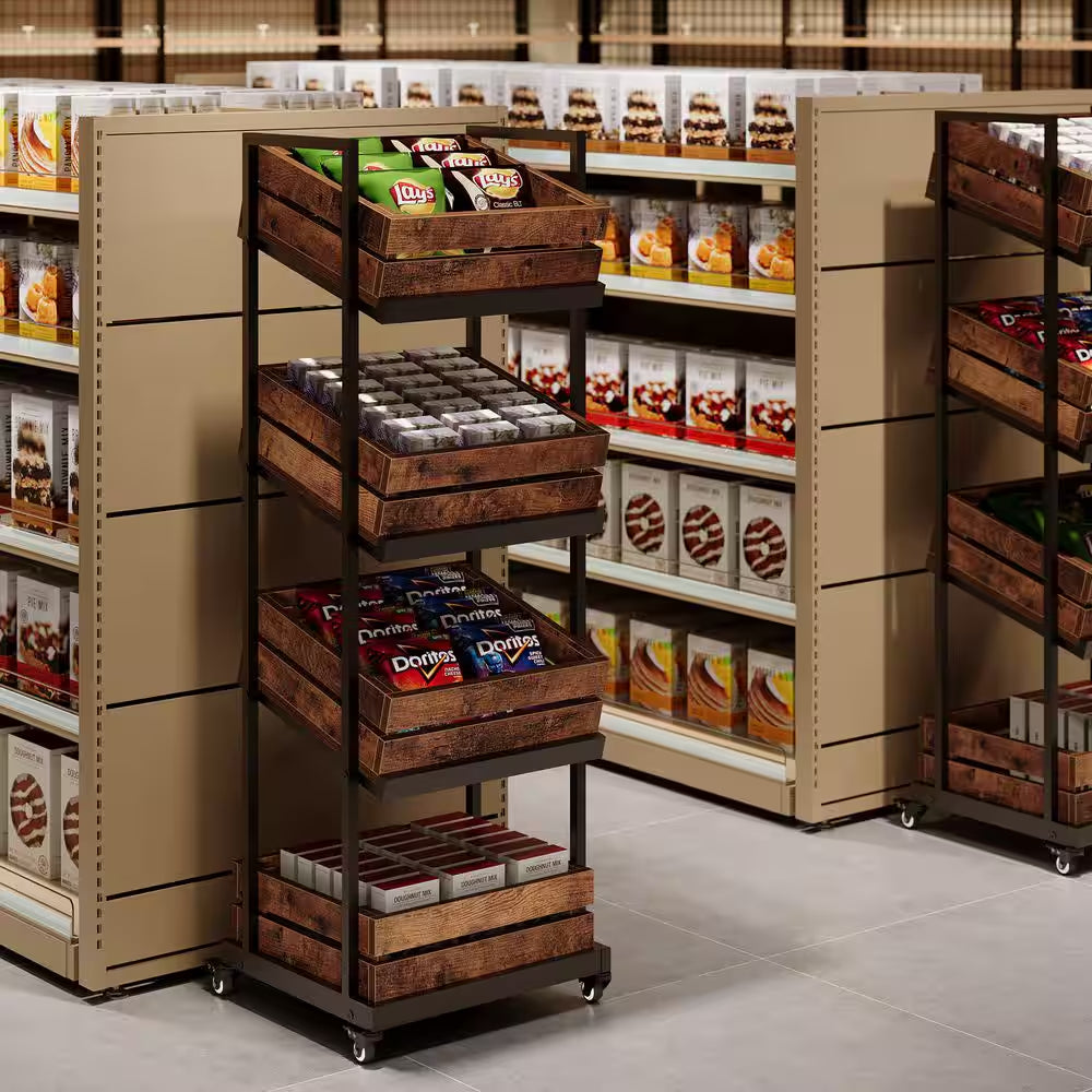 59 In. H Brown Wood 4-Tier Kitchen Cart Mobile Fruit and Vegetable Storage Utility Shelf Organizer Rack with Wheels