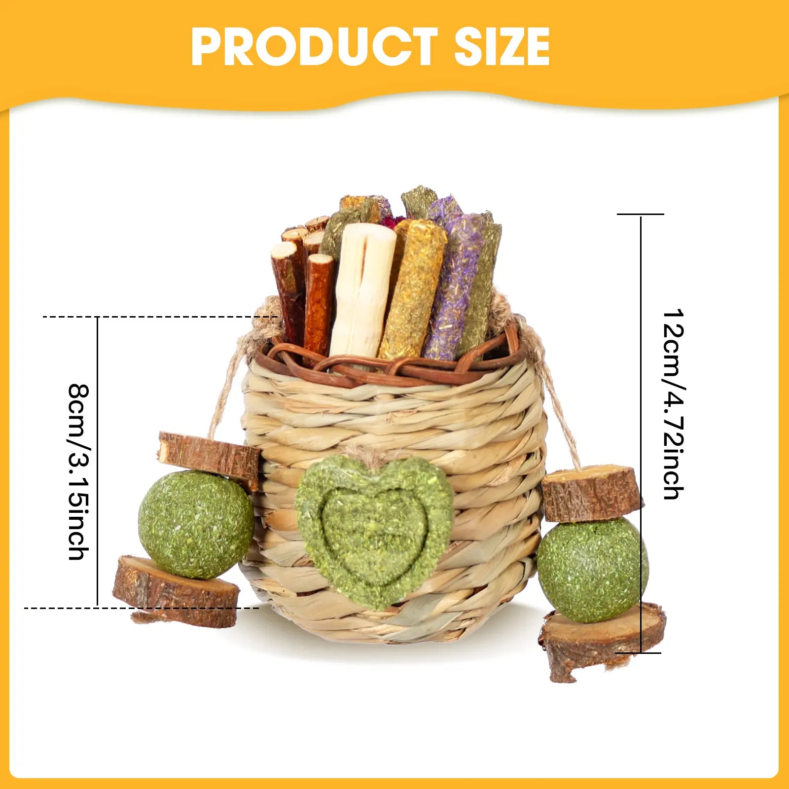 Rabbit Chew Toys Hanging Basket with Sweet Bamboo Timothy Hay Peach Sticks for Bunny Chinchillas Guinea Pigs Hamsters Rats Teeth Grinding Pets