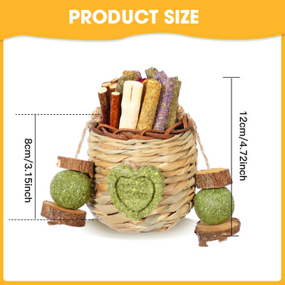 Rabbit Chew Toys Hanging Basket with Sweet Bamboo Timothy Hay Peach Sticks for Bunny Chinchillas Guinea Pigs Hamsters Rats Teeth Grinding Pets