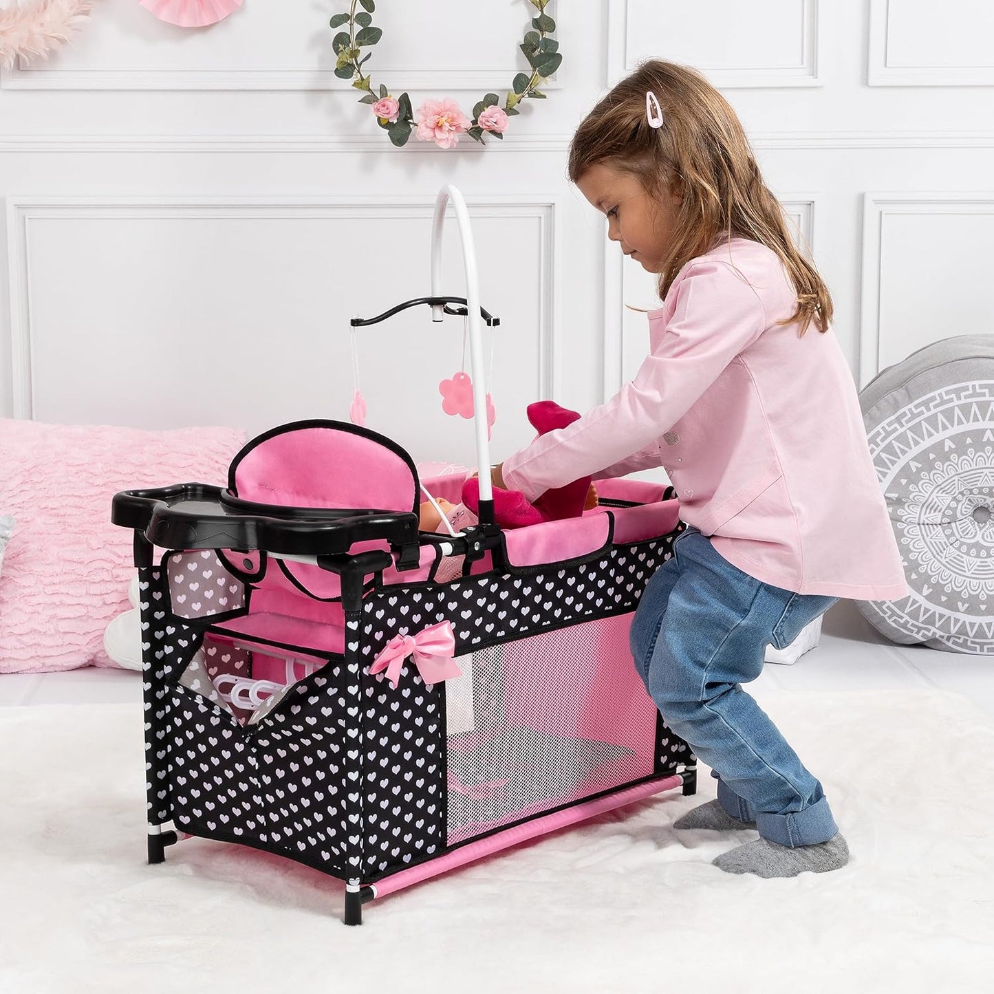 Bayer Baby Doll Furniture Set with Bed, Highchair & Hangers, Black/Pink | Nursery Station with Feeding Tray, Blanket, Pillow and Storage Compartment for 18 Inch Dolls. Encourages Roleplay