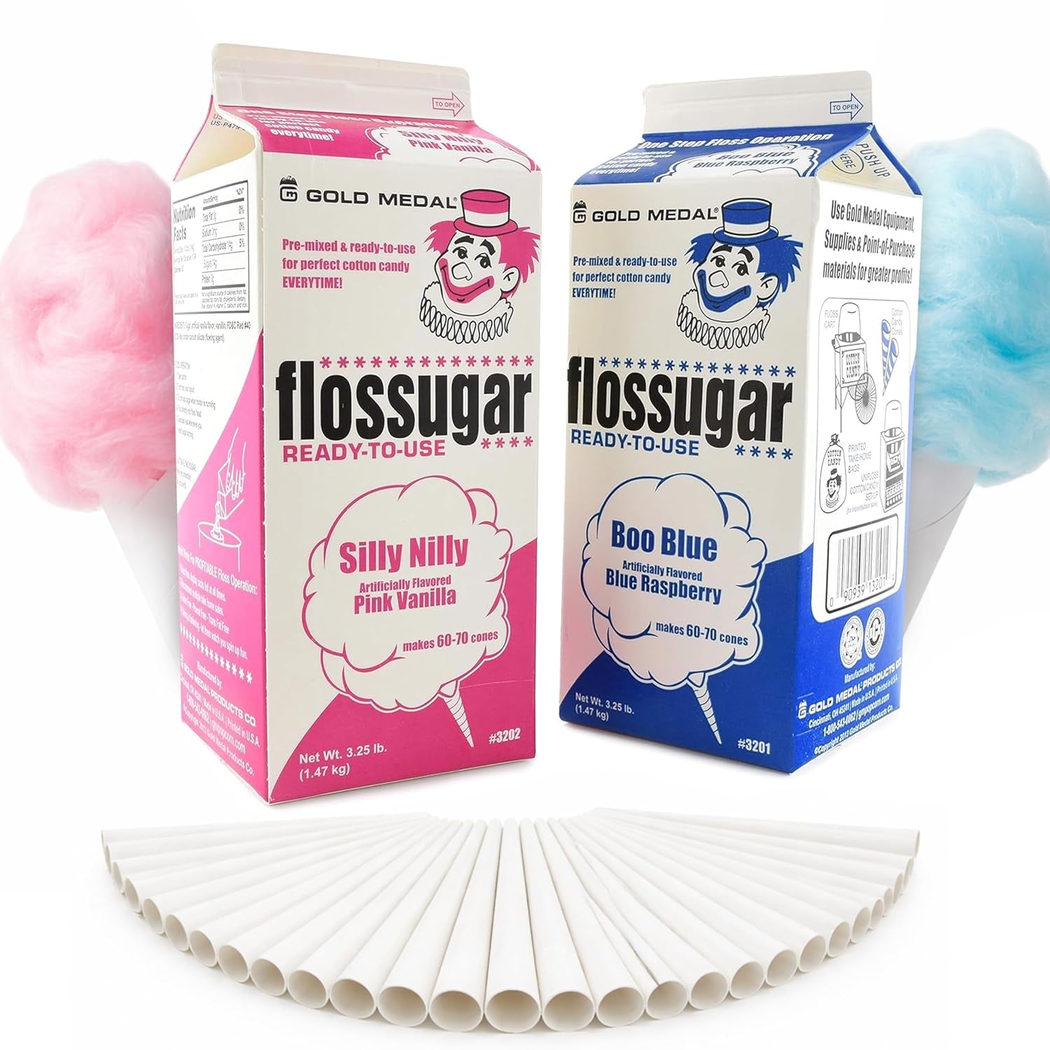 Perfectware 2 Pack Cotton Candy Floss Sugar with 100 Count Paper Cotton Candy Cones. Pink Vanilla and Blue Raspberry. (Two 3.25 Lb Containers W/100 Cotton Candy Cones)
