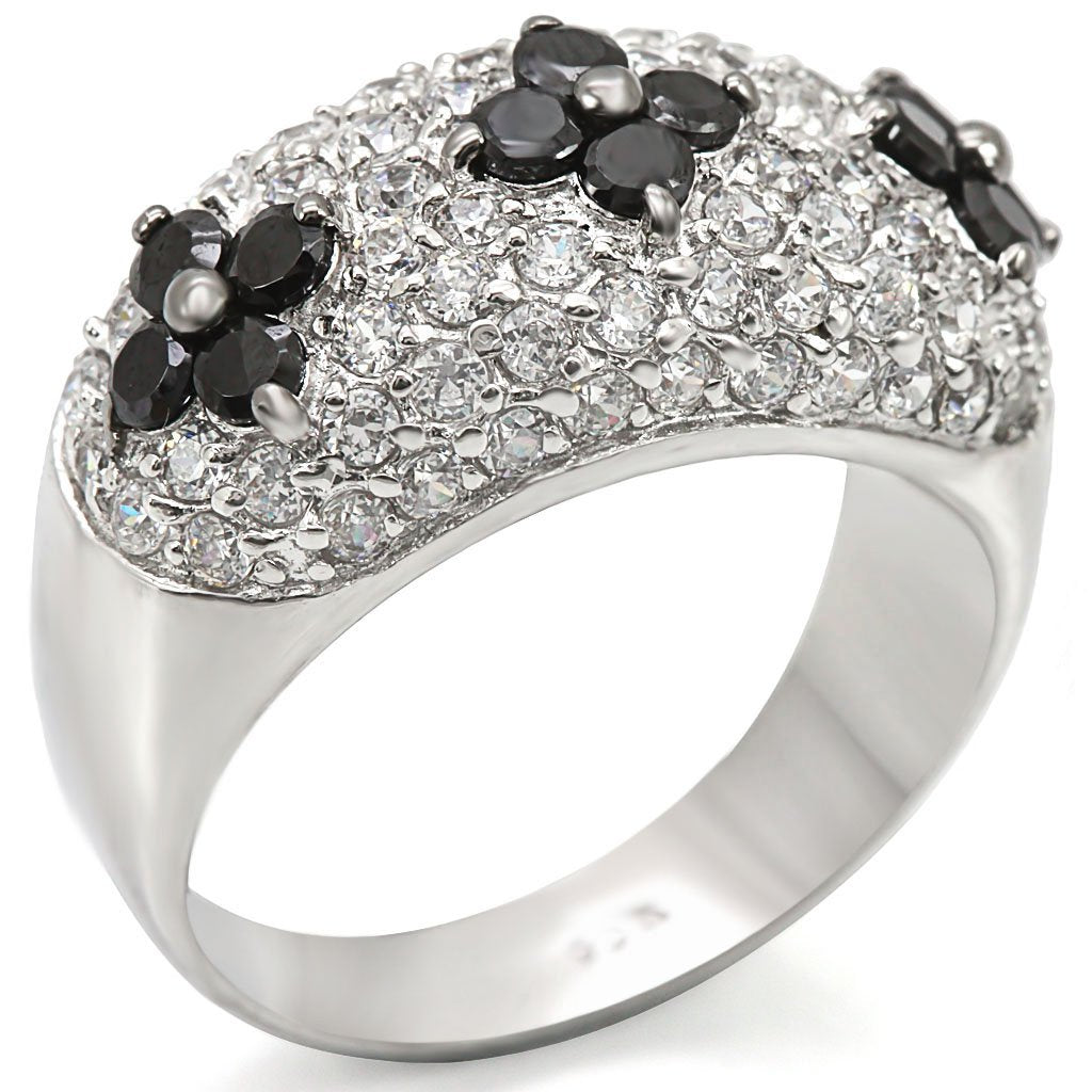 Rhodium + Ruthenium 925 Sterling Silver Ring with AAA Grade CZ  in Black Diamond