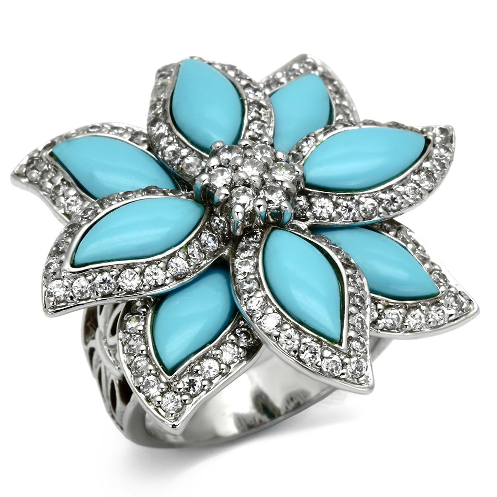 Rhodium 925 Sterling Silver Ring with Synthetic Turquoise in Sea Blue