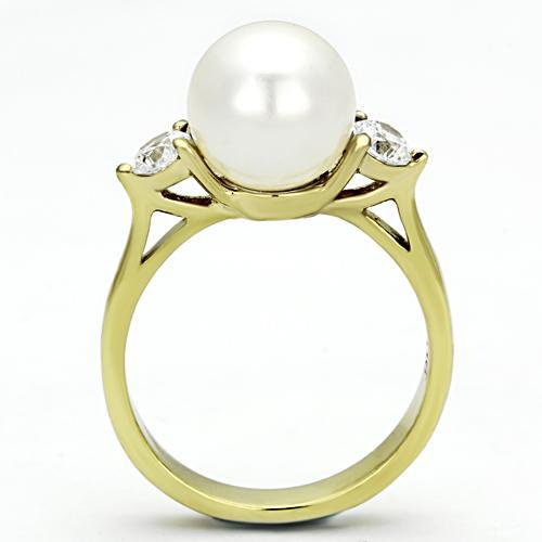 Gold(Ion Plating) Stainless Steel Ring with Synthetic Pearl in White