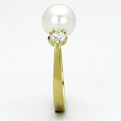 Gold(Ion Plating) Stainless Steel Ring with Synthetic Pearl in White