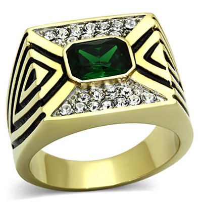 TK1195 - Two-Tone IP Gold (Ion Plating) Stainless Steel Ring with Synthetic Synthetic Glass in Emerald