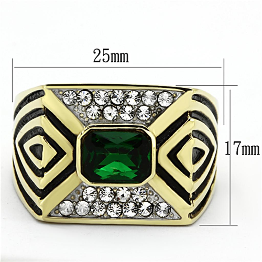 Two-Tone IP Gold (Ion Plating) Stainless Steel Ring with Synthetic Synthetic Glass in Emerald