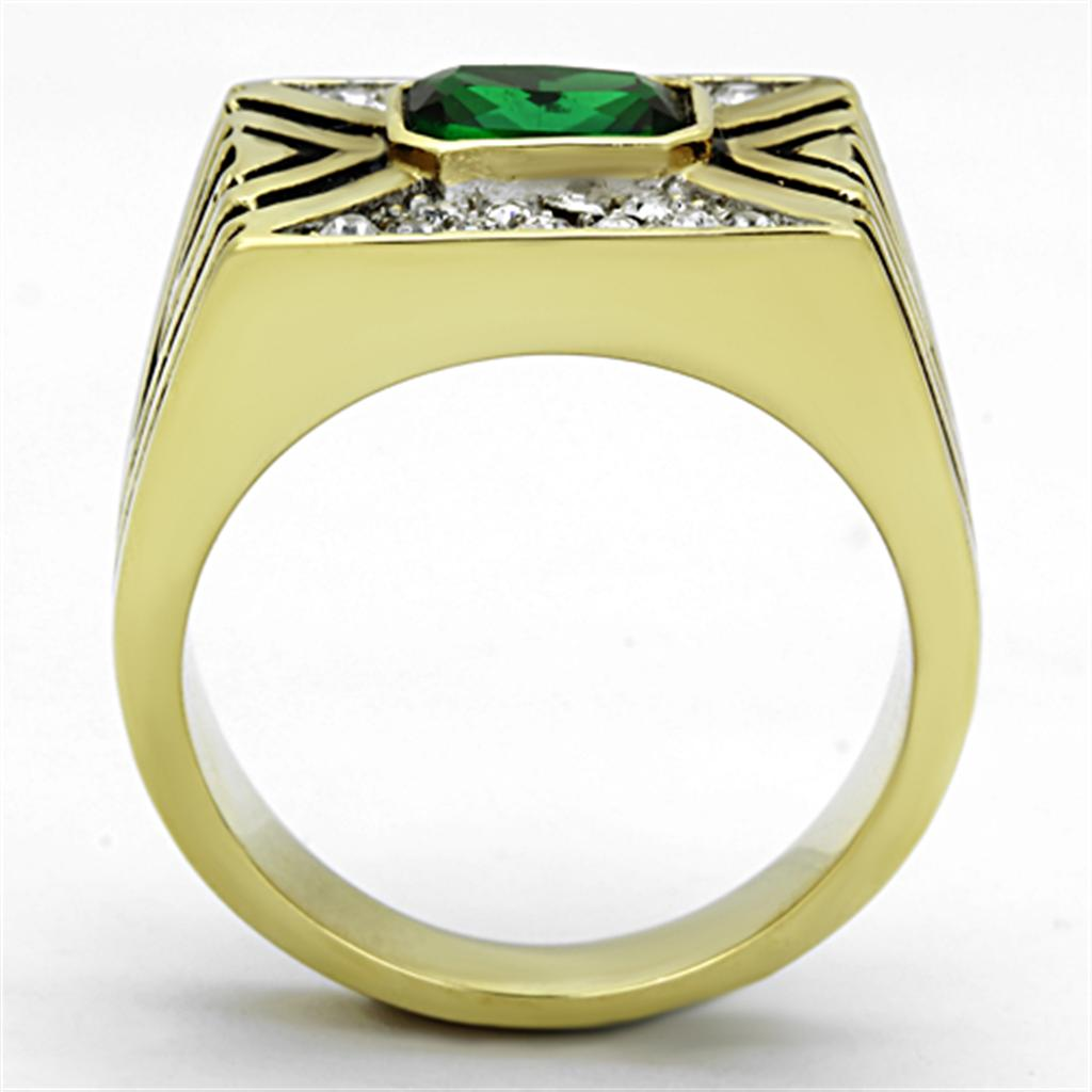 Two-Tone IP Gold (Ion Plating) Stainless Steel Ring with Synthetic Synthetic Glass in Emerald