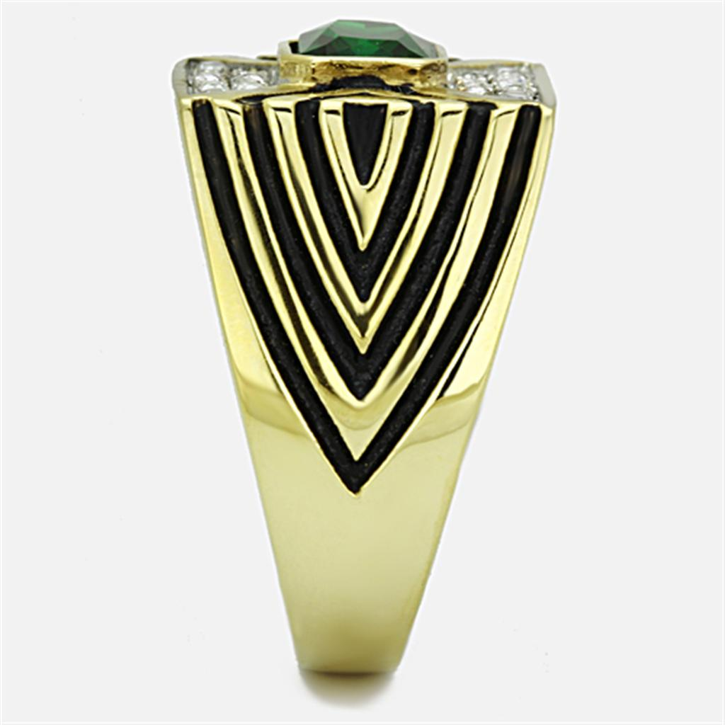 Two-Tone IP Gold (Ion Plating) Stainless Steel Ring with Synthetic Synthetic Glass in Emerald